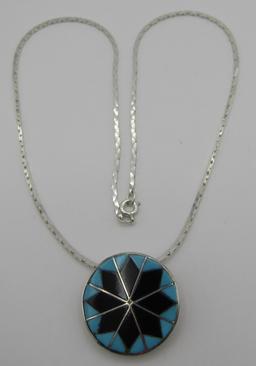 "DC" TURQUOISE INLAY NECKLACE PIN STERLING SILVER