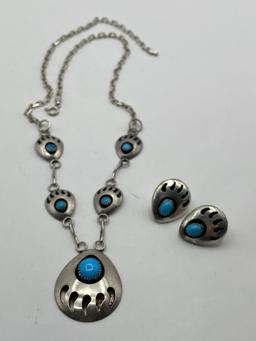 STERLING TURQUOISE BEAR PAW NECKLACE EARRINGS SET