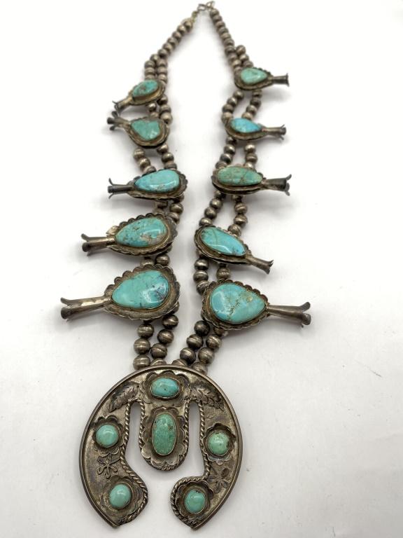 1970S STERLING TURQUOISE SQUASH BLOSSOM NECKLACE