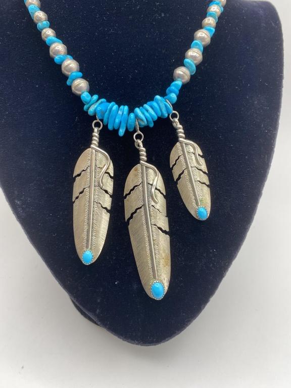 STERLING NAVAJO TURQUOISE FEATHER NECKLACE