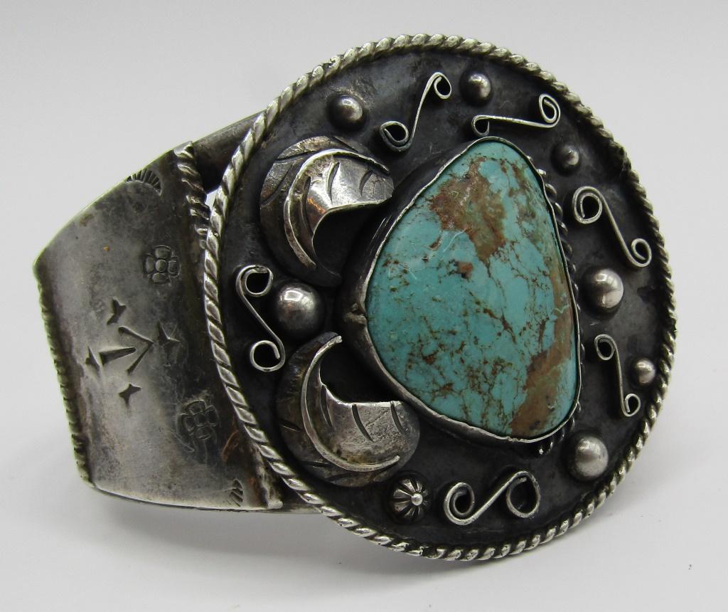 OLD PAWN TURQUOISE CUFF BRACELET STERLING SILVER
