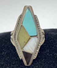 SIGNED JM STERLING ZUNI INLAY TURQUOISE RING