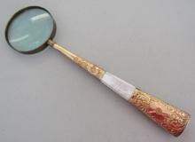 SIGNED "HULL" GOLD & MOP MAGNIFYING GLASS ANTIQUE