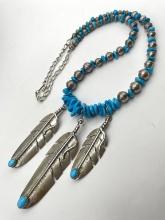 STERLING NAVAJO TURQUOISE FEATHER NECKLACE