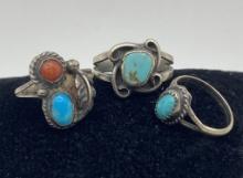 VINTAGE STERLING NAVAJO TURQUOISE CORAL RING LOT