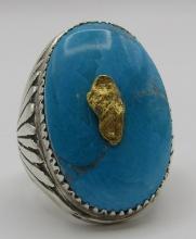 22K GOLD NUGGET & TURQUOISE RING STERLING SILVER