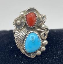 STERLING NAVAJO TURQUOISE RED CORAL FLOWER RING