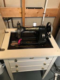 Vintage Sewing Machine Cabinet W/White Rotary Machine