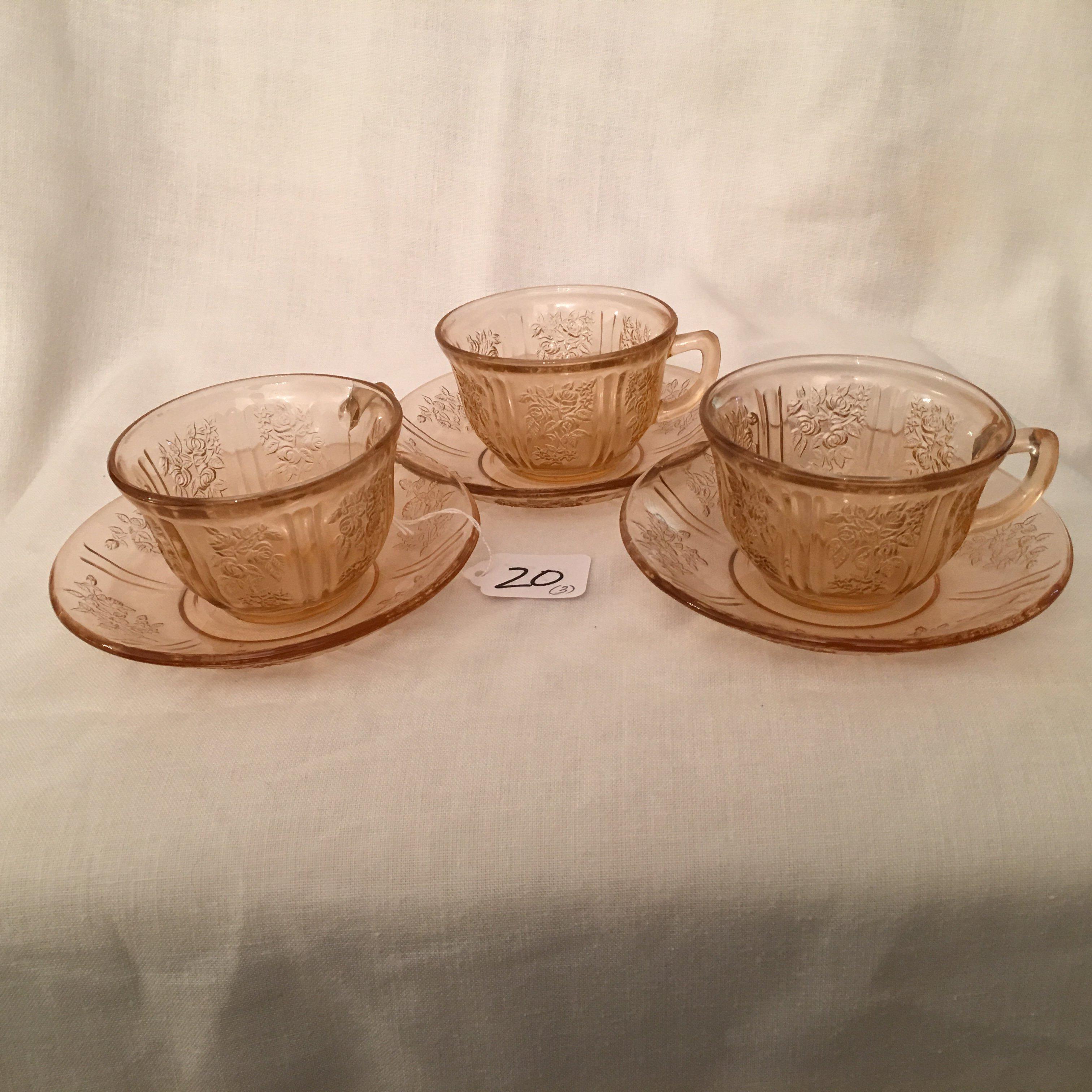 (3) Pink Depression Glass Handled Cups & Saucers