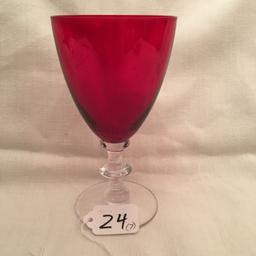 (7) Vintage Red/Clear Water Glasses & (8) Matching Wine Glasses