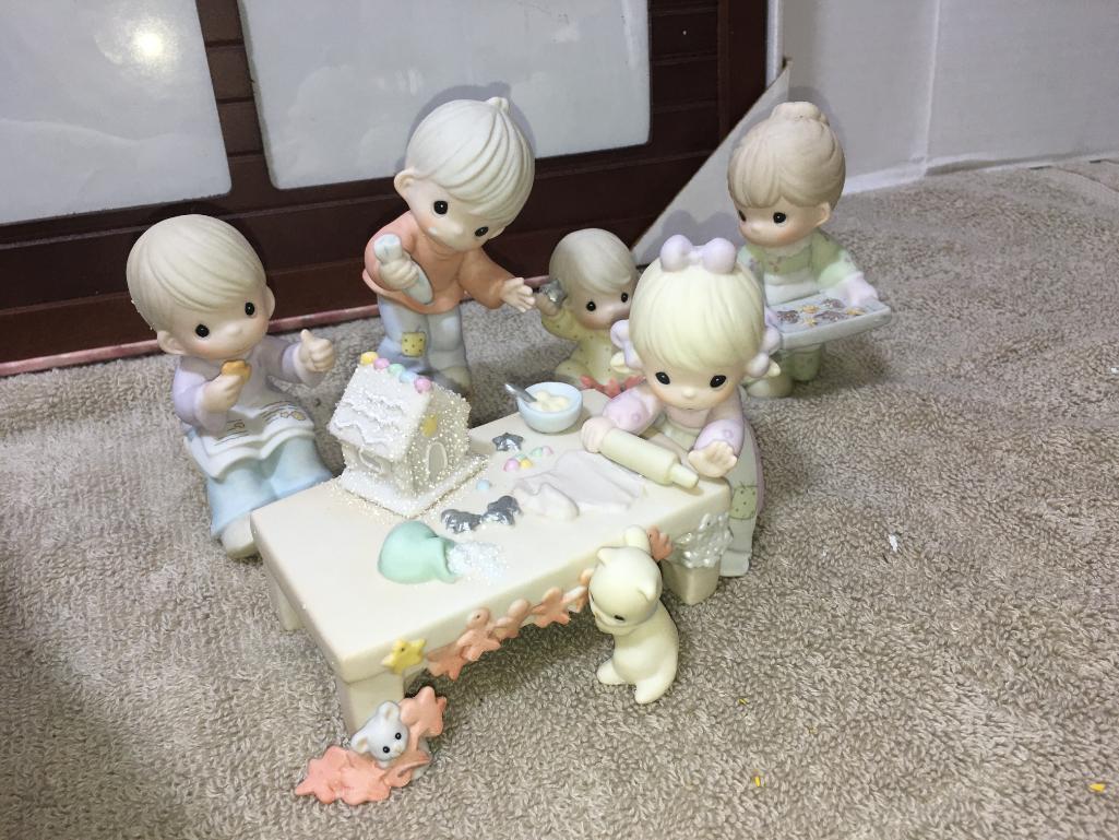 Three Piece Lot Incl Precious Moments Figurines, Vintage Linens/Material Scraps and Photo Frame