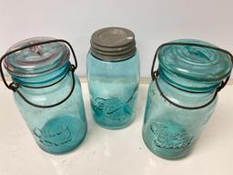 Group of 3 Vintage Aqua Glass Jars