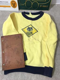Misc Boy Scout Treasure Lot Incl Sweatshirt (Child's Size L), Leather Note Book and More