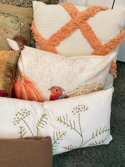 Group of Throw Pillows and Blankets