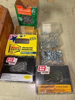 Group of Misc Sized Nails and Screws w/Wood Box