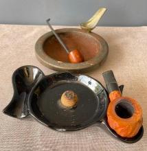 Group of 2 Smoking Pipes and 2 Pipe Ashtrays