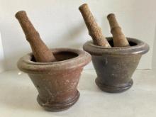 Pair of Stoneware Mortar and Wooden Pestle