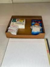 Desk, supplies, inbox, pencils paper brown
