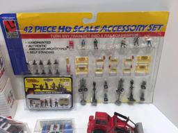 Die cast cars and trucks,HO scale accessories,cast iron steam shovel,more