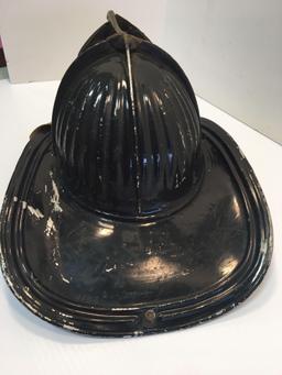 Antique metal CAIRNS fire helmet/leather front shield (2 EHFD)