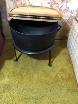 Cast-iron pot/tripod stand (made into end table with hinged lid)