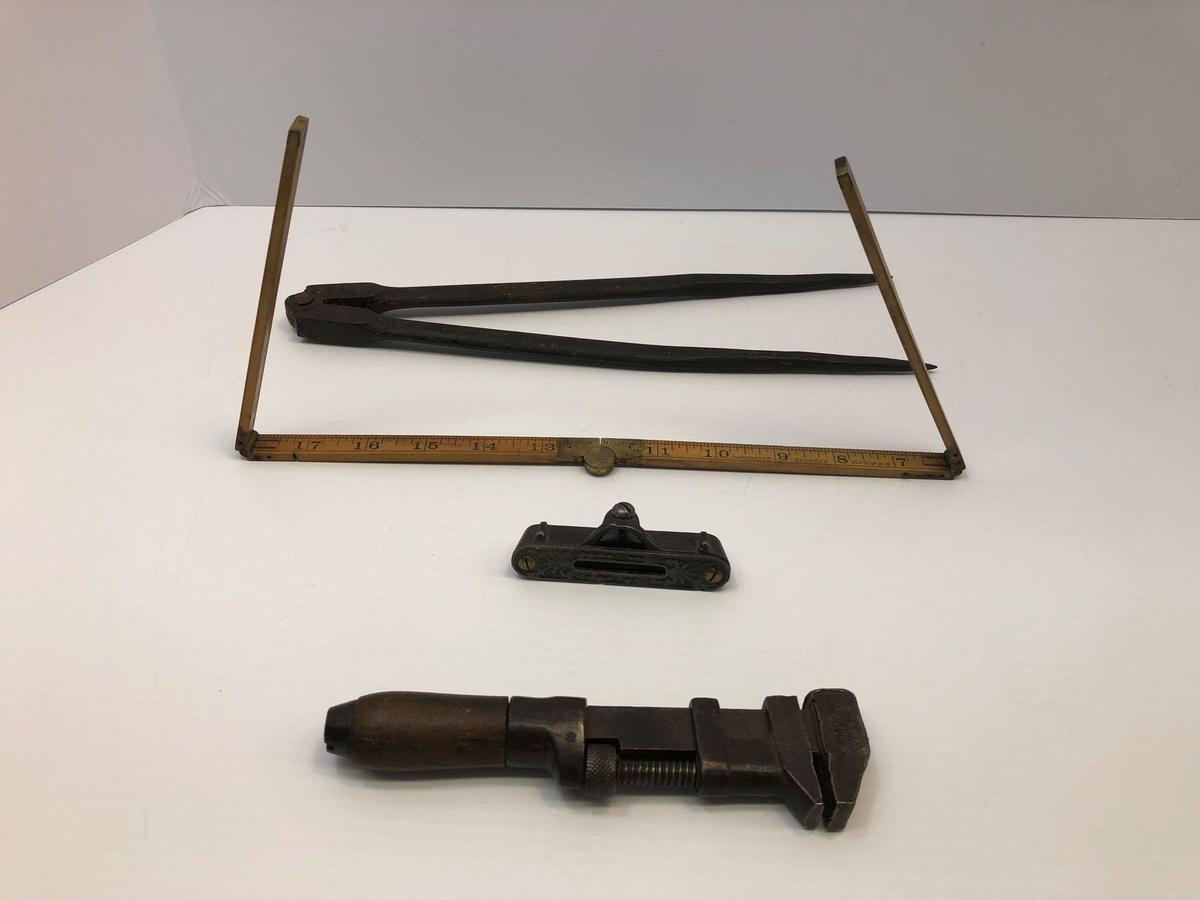 Vintage tools(scribe,ruler,level,adjustable wrench)