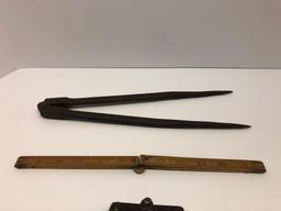 Vintage tools(scribe,ruler,level,adjustable wrench)