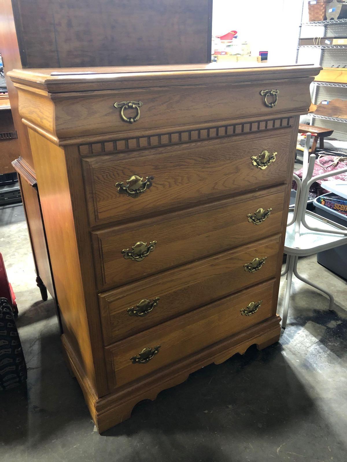 Five drawer oak dresser 36 inches wide 18 inches deep 48 inches tall