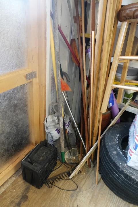 CORNER OF SHED INCLUDING CHEESE BOXES CHINA CLEANING MATERIALS GARDEN TOOLS