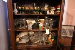 DEPRESSION ERA CHINA HUTCH WITH BROZEN ARCH AND CONTENTS OF STEMWARE AND SM