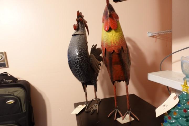 TWO TIN DECORATIVE ROOSTERS APPROX 24 INCH TALL