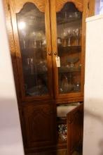 CONTEMPORARY OAK CORNER CUPBOARD AND CONTENTS OF CHINA AND CLEAR GLASS STEM