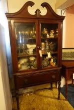 DEPRESSION ERA CHINA HUTCH WITH BROZEN ARCH AND CONTENTS OF STEMWARE AND SM
