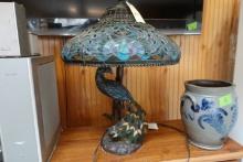 REPRODUCTION TIFFANY STYLE PEACOCK SLAG GLASS LAMP