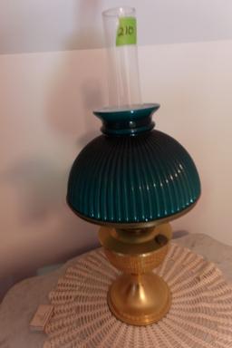 BRASS OIL LAMP WITH GREEN SHADE AND CHIMNEY