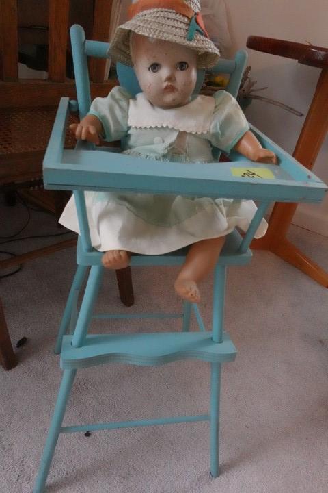 MINIATURE HIGH CHAIR WITH ANTIQUE DOLL