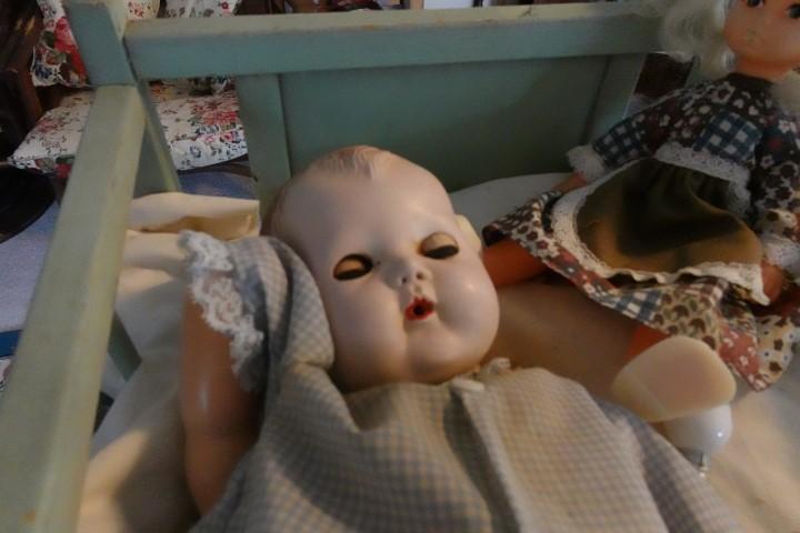 EARLY BABY DOLL CRIB WITH ANTIQUE BABY DOLL