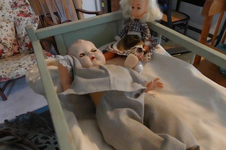 EARLY BABY DOLL CRIB WITH ANTIQUE BABY DOLL