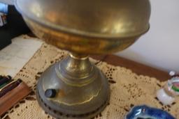 ANTIQUE CONVERTED BRASS OIL LAMP WITH WHITE HOBNAIL SHADE
