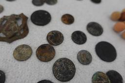 COLLECTION OF OLD COINS AND TOKENS AND CLAY MARBLES FOUND LOCALLY INCLUDING