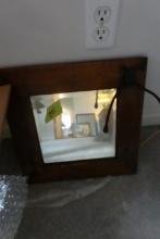 ANTIQUE OAK FRAME BEVEL MIRROR WITH HAT RACK APPROX 15 X 15