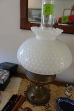 ANTIQUE CONVERTED BRASS OIL LAMP WITH WHITE HOBNAIL SHADE