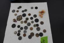 COLLECTION OF OLD COINS AND TOKENS AND CLAY MARBLES FOUND LOCALLY INCLUDING