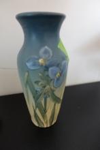 WELLER BUD VASE APPROX 8 INCH TALL BLUE FLOWER MARKED J ENGLAND