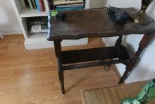 EARLY END TABLE / BOOK RACK 24 INCH X 12 INCH  WITH CONTENTS INCLUDING LAMP