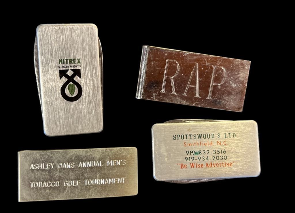 (4) Vintage Money Clips—(1) Engraved RAP, (2) T