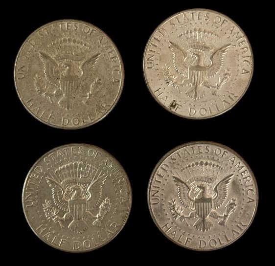 (4) 1964 Kennedy Half Dollars—No Mint Marks—90%