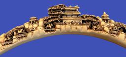 Carved Horn-Shaped Resin Asian Village with Wooden