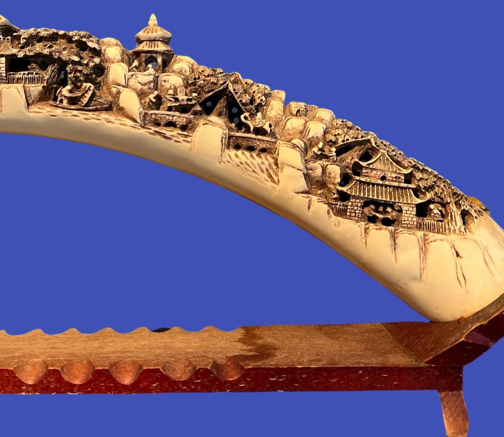 Carved Horn-Shaped Resin Asian Village with Wooden