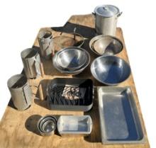 Assorted Outdoor Cookware and Stainless Serving
